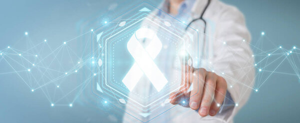 Doctor on blurred background using digital ribbon cancer interface 3D rendering