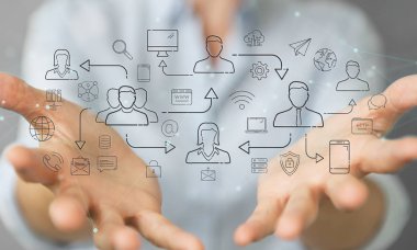 İşkadını üzerinde ince çizgi sosyal ağ simgeleri arabirimini kullanarak arka plan bulanık