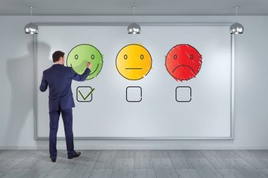 Office ince çizgi müşteri memnuniyeti derecelendirme duvardaki çizim işadamı