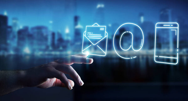 Businessman on blurred background using thin line contact icon