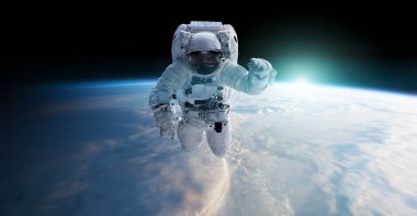 Gezegen önünde uzayda yüzen astronot toprak Nasa tarafından döşenmiş bu görüntü 3d işleme öğeleri