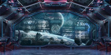 Denetim Masası Dijital ekranlar 3d render ile uzayda karanlık uzay gemisi iç