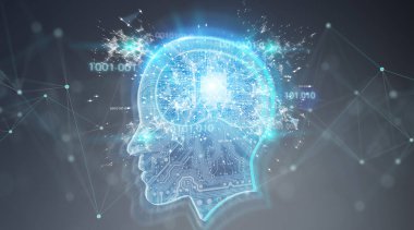 Yapay zeka dijital beyin gri arka planda 3d render