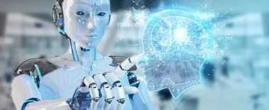 Cyborg bulanık arka planda yapay zeka 3d render oluşturma