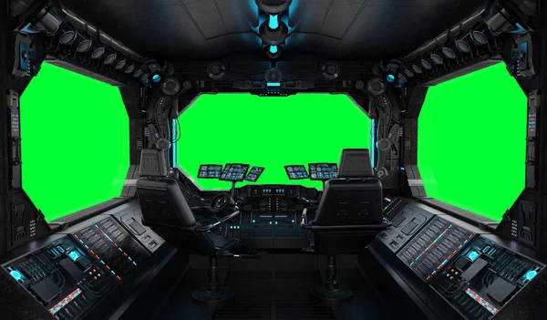 Nave Espacial Grunge Interior Con Vista Una Ventana Verde Aislada —  Fotos de Stock