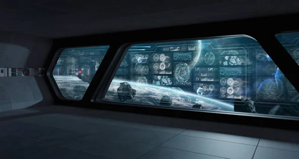 Dark spaceship interior in space with control panel digital screens 3D rendering