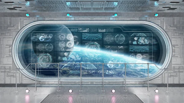 White spaceship interior in space with control panel digital screens 3D rendering