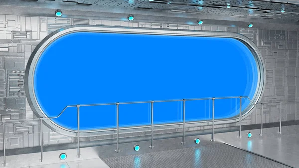 White tech spaceship round window interior with blue background 3D rendering
