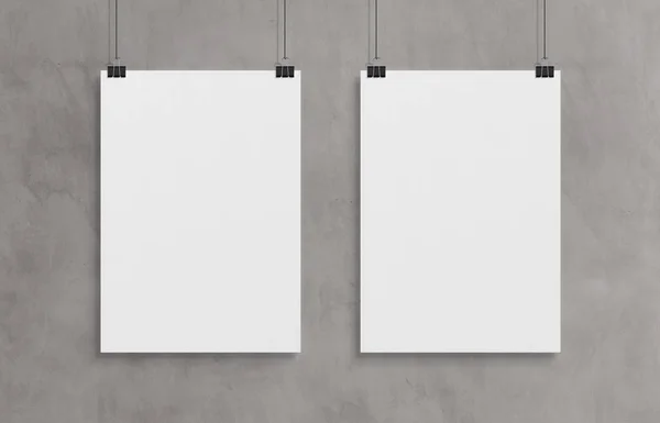 Two Blank White Poster Hanging Front Concrete Wall Clips Mockup — Stock Photo, Image