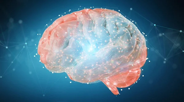 Digital 3D projection of a human brain on blue background 3D rendering