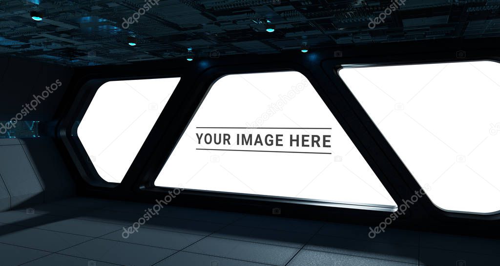 Dark spaceship interior with large window view on space 3D rendering
