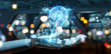 Cyborg bulanık arka plan dijital soru işaretleri 3d render ile sorun çözme