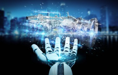 Cyborg tel kafes sanal 3d dijital projeksiyon bir Engine kullanarak arka plan bulanık üzerinde