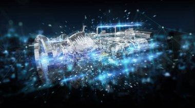 Max, bir motorun mavi şehir arka plan üzerinde tel kafes sanal 3d dijital projeksiyon