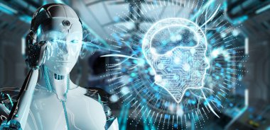 Dijital yapay zeka simgesi hologram 3B oluşturmayı kullanarak arka plan bulanık beyaz insansı kadınlarda