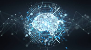 Dijital yapay zeka simgesi hologram mavi gri arka planda 3d render