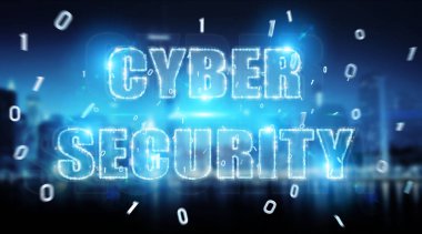 Siber güvenlik metin hologram mavi şehir arka plan 3d render