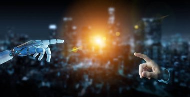 Şehir arka planda 3d render insan parmağı dokunmak beyaz cyborg parmak