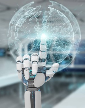 Beyaz robot el dijital ekran arabirimi 3d rendering kullanarak arka plan bulanık üzerinde
