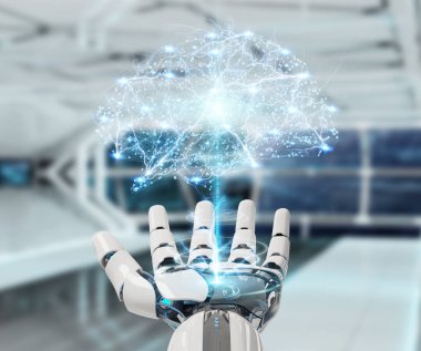 Beyaz insansı el bulanık arka plan yapay zeka 3d render oluşturma