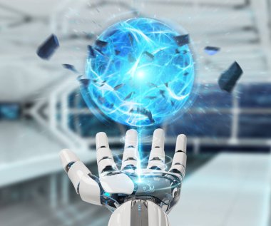 Beyaz robot el bulanık arka plan enerji topu 3d render oluşturma