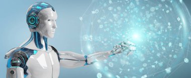 Dijital küresel ağ 3B oluşturmayı kullanarak bulanık arka plan üzerinde beyaz erkek humanoid