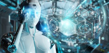 Dijital grafik arabirimi 3d rendering kullanarak bulanık arka plan üzerinde beyaz kadın cyborg