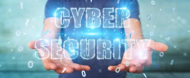 Siber Güvenlik metin hologram 3B oluşturmayı kullanarak arka plan bulanık üzerinde işadamı