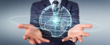 İşadamı üzerinde küre ağ hologram Avrupa ile harita 3B oluşturmayı kullanarak arka plan bulanık