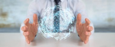 İşadamı dijital üçgen küre hologram 3d render patlayan kullanarak arka plan bulanık üzerinde