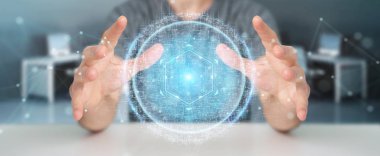 İşadamı dijital küre bağlantısı hologram 3B oluşturmayı kullanarak arka plan bulanık üzerinde