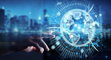 İşadamı üzerinde küre ağ hologram Amerika ABD harita 3d render ile kullanarak arka plan bulanık