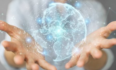 İşkadını üzerinde küre ağ hologram Amerika ABD harita 3d render ile kullanarak arka plan bulanık