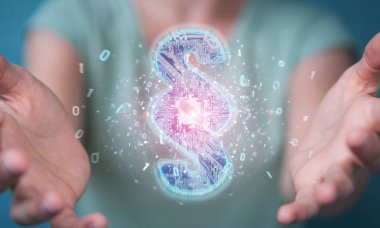 İşkadını 3d işleme dijital paragraf hukuk simgesini kullanarak arka plan bulanık üzerinde