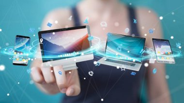 Teknik cihazlar ve simgeler uygulamaları ile her diğer 3d render bağlanma işkadını