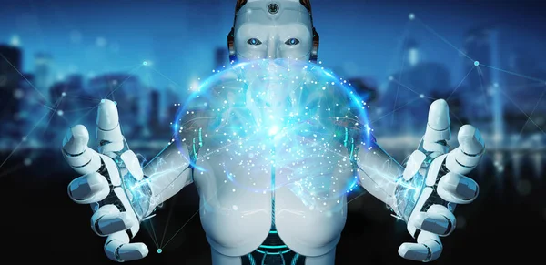 Yapay zeka 3d render oluşturma bulanık arka plan üzerinde beyaz adam insanımsı