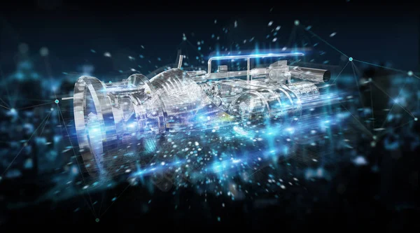 Max, bir motorun mavi şehir arka plan üzerinde tel kafes sanal 3d dijital projeksiyon