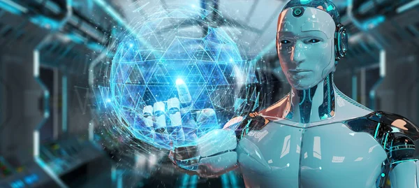 White Robot Blurred Background Using Digital Triangle Exploding Sphere Hologram — Stock Photo, Image