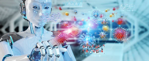 Cyborg Auf Verschwommenem Hintergrund Der Nanovirus Rendering Erzeugt Und Analysiert — Stockfoto