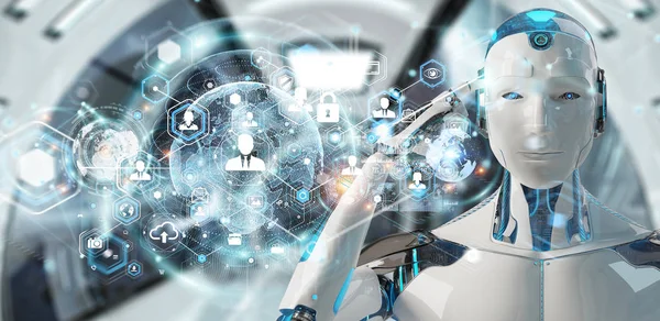 Dijital ekran arabirimi 3d rendering kullanarak arka plan bulanık beyaz erkek robot