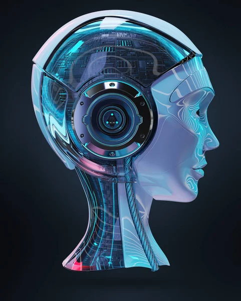 Cyborg Head Intelligenza Artificiale Isolata Sfondo Drak Rendering — Foto Stock