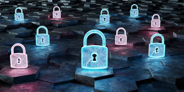 Siyah mavi ve pembe soyut asma kilit simgesine altıgenler arka plan 3d render