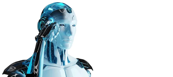 Λευκό Αρσενικό Cyborg Σκέψης Και Αγγίζει Κεφάλι Που Απομονώνονται Λευκό — Φωτογραφία Αρχείου
