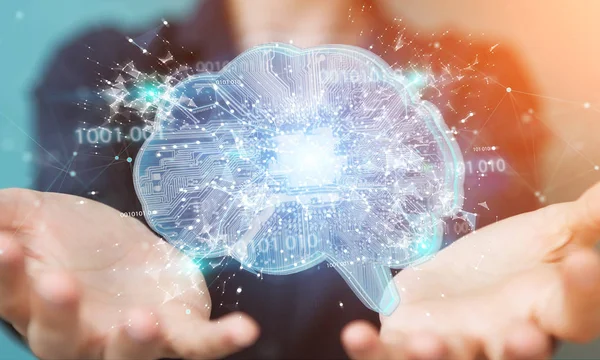 Geschäftsfrau Auf Verschwommenem Hintergrund Schafft Künstliche Intelligenz Einem Digitalen Gehirn — Stockfoto