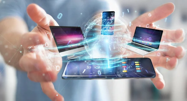 Modern Devices Connected Each Other Businessman Hand Rendering — Stock Photo, Image