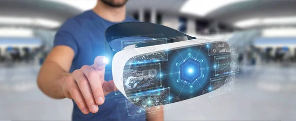 Zakenman Onscherpe Achtergrond Met Behulp Van Virtual Reality Bril Technologie — Stockfoto