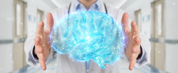 Arzt Auf Verschwommenem Hintergrund Mit Digitalem Gehirn Hologramm Rendering — Stockfoto
