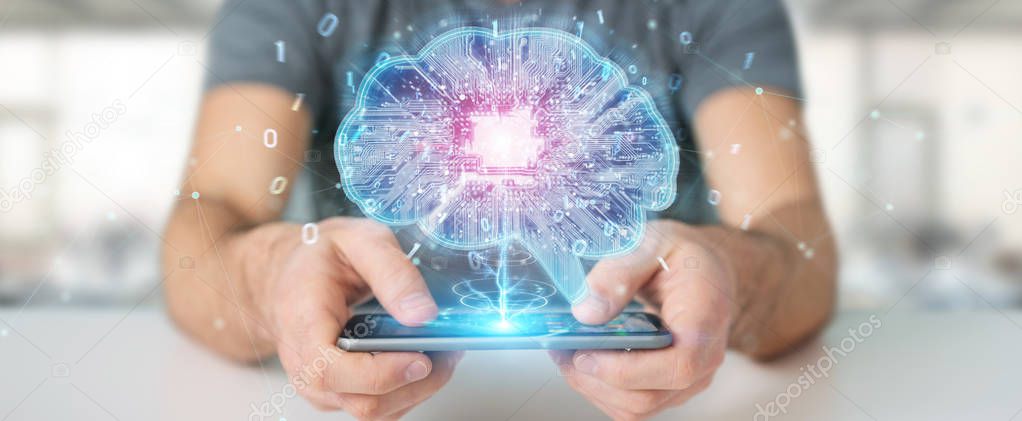 Businessman creating artificial intelligence in a digital brain with mobile phone 3D rendering