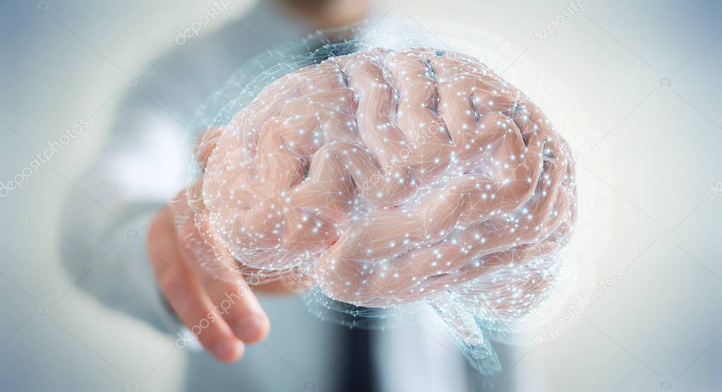 Businessman on blurred background using using digital 3D projection of a human brain 3D rendering