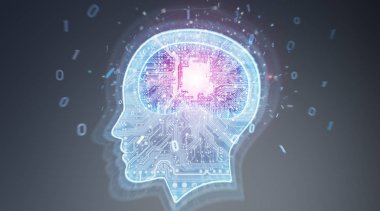 Yapay zeka dijital beyin gri arka planda 3d render